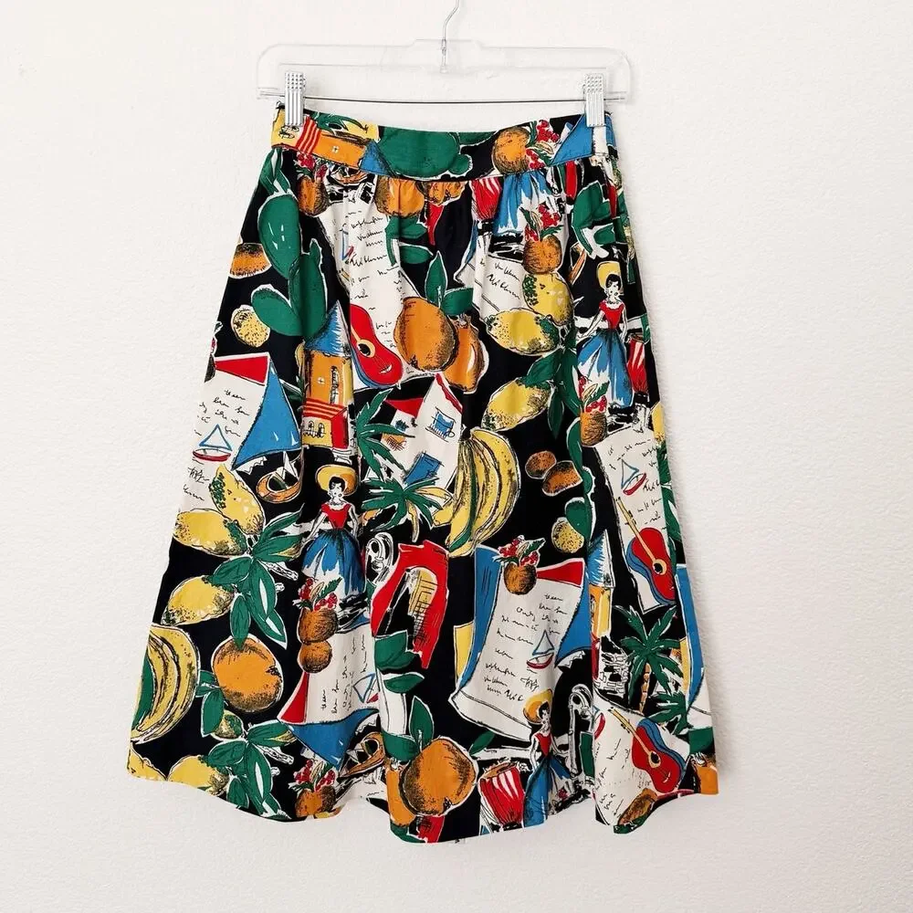 [J. Crew] Novelty Print Postcard Spain Fruit Button Front A-Line Midi Skirt Sz 0